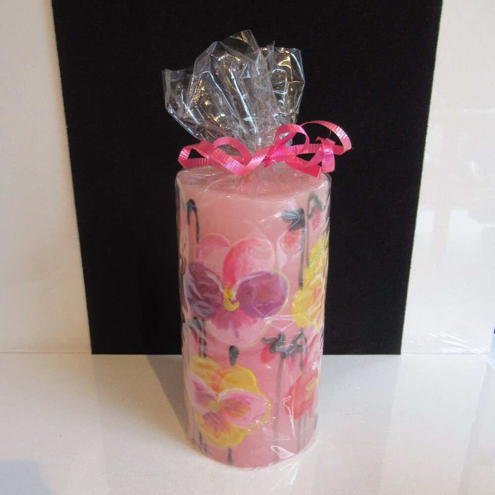 * Pansy's on Pink Pillar Candle, Hand Painted, Helen Radok, Nature, Flowers